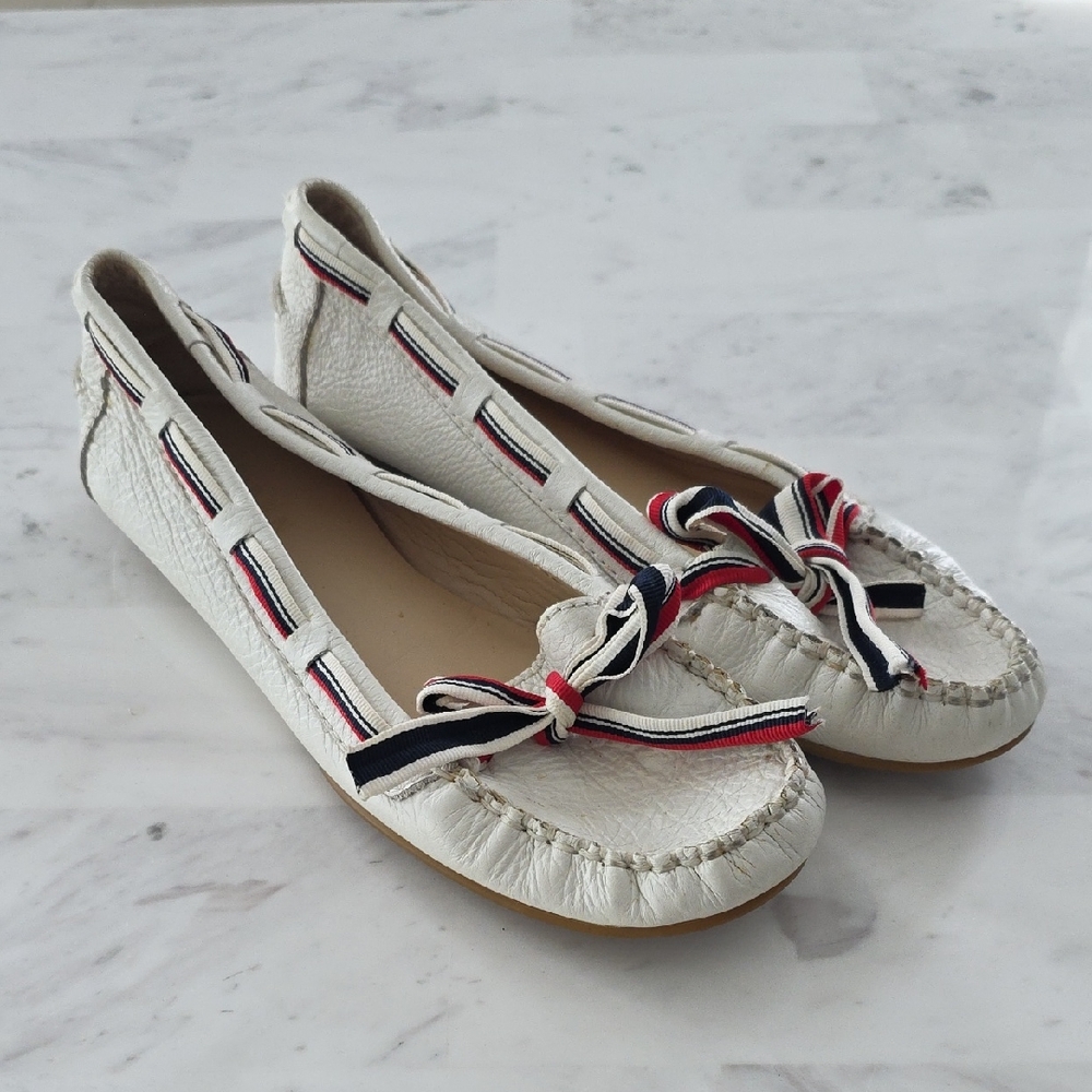 Ralph Lauren White Moccasins with Ribbon Accent